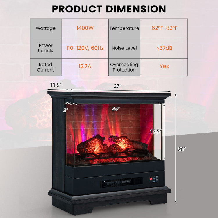 27 Inches Electric Fireplace Heater 1400W Freestanding Fireplace Stove with Remote Control and Timer