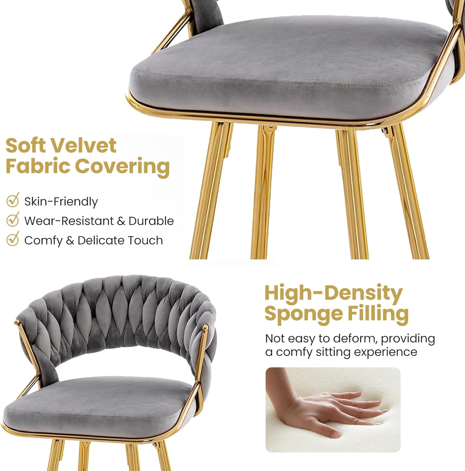 29 Inch Velvet Bar Stools Set of 2 Counter Height Barstools Armless Dining Chairs with Adjustable Foot Pads and Woven Backrest