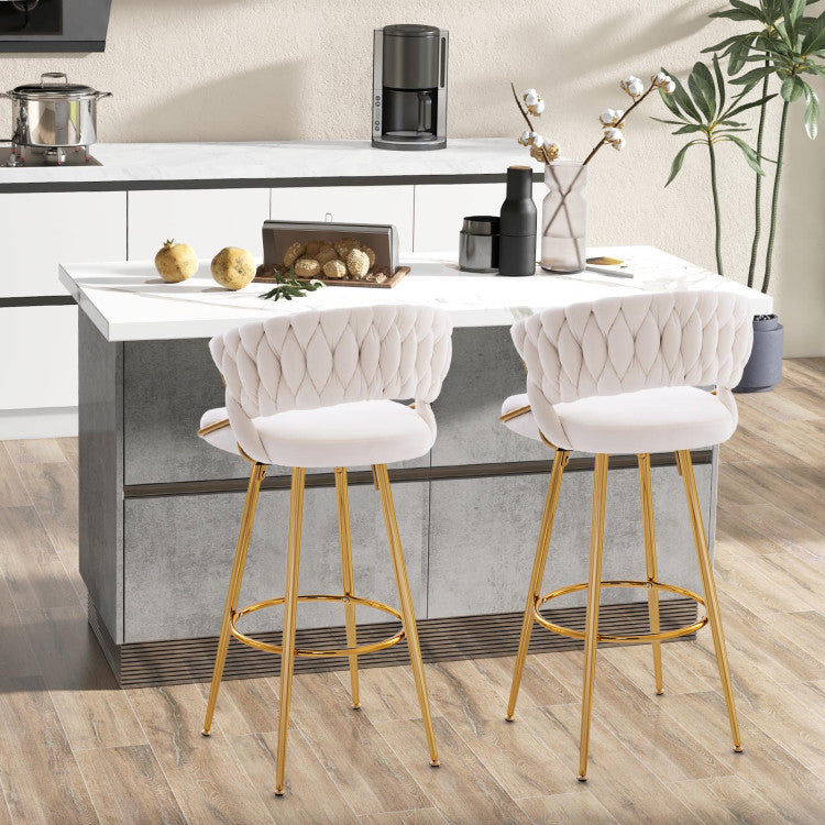 29 Inch Velvet Bar Stools Set of 2 Counter Height Barstools Armless Dining Chairs with Adjustable Foot Pads and Woven Backrest