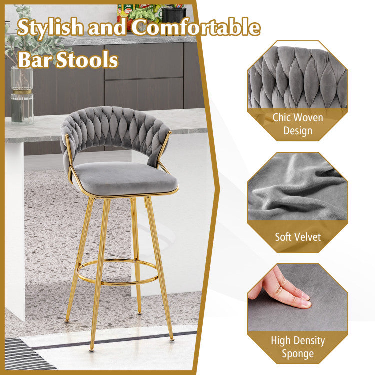 29 Inch Velvet Bar Stools Set of 2 Counter Height Barstools Armless Dining Chairs with Adjustable Foot Pads and Woven Backrest