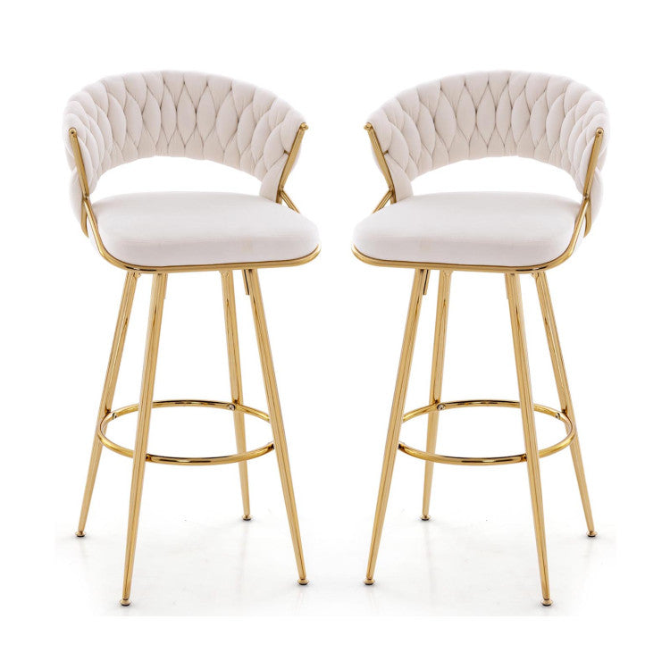 29 Inch Velvet Bar Stools Set of 2 Counter Height Barstools Armless Dining Chairs with Adjustable Foot Pads and Woven Backrest