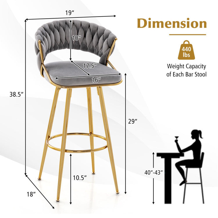 29 Inch Velvet Bar Stools Set of 2 Counter Height Barstools Armless Dining Chairs with Adjustable Foot Pads and Woven Backrest