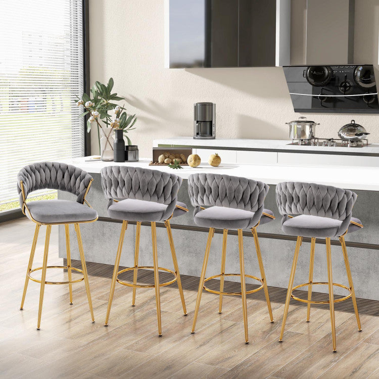 29 Inch Velvet Bar Stools Set of 2 Counter Height Barstools Armless Dining Chairs with Adjustable Foot Pads and Woven Backrest