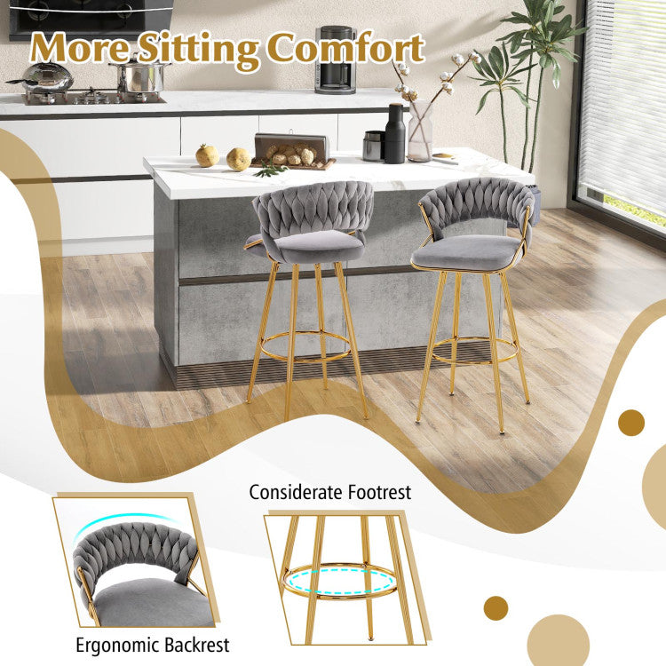29 Inch Velvet Bar Stools Set of 2 Counter Height Barstools Armless Dining Chairs with Adjustable Foot Pads and Woven Backrest