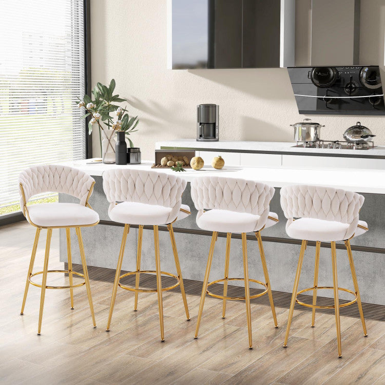 29 Inch Velvet Bar Stools Set of 2 Counter Height Barstools Armless Dining Chairs with Adjustable Foot Pads and Woven Backrest