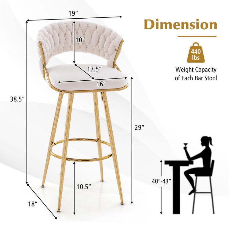 29 Inch Velvet Bar Stools Set of 2 Counter Height Barstools Armless Dining Chairs with Adjustable Foot Pads and Woven Backrest