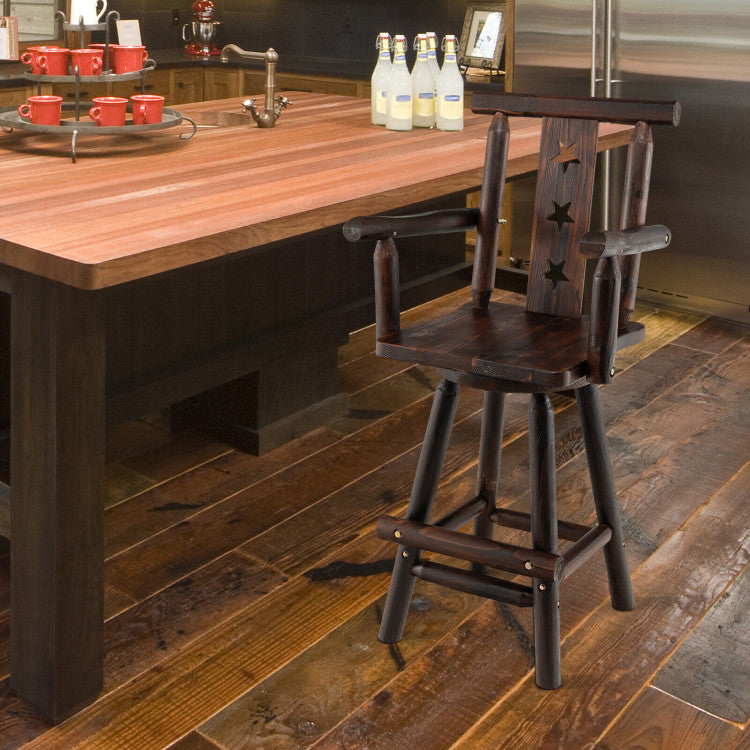 29 Inch Wooden Bar Stool 360° Swivel Bistro Chair with Footrest and Armrest
