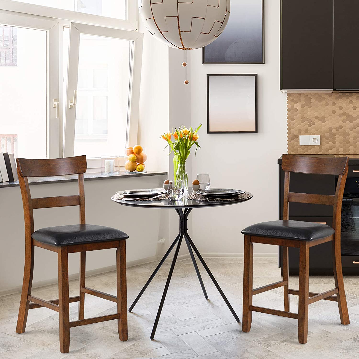 2 Pieces Counter Height Vintage Dining Chair Set 25.5-Inch Bar Stools with Foam-Padded Cushion