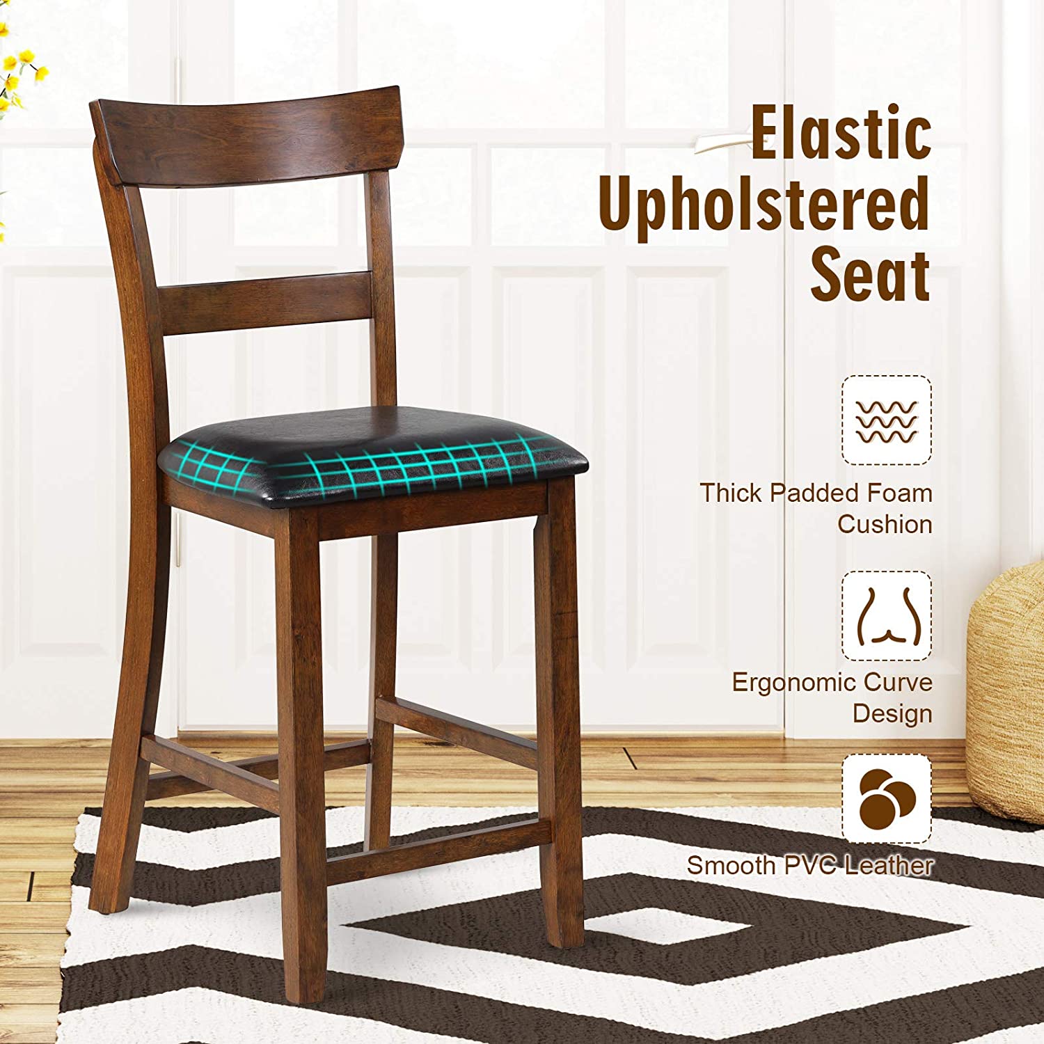 2 Pieces Counter Height Vintage Dining Chair Set 25.5-Inch Bar Stools with Foam-Padded Cushion