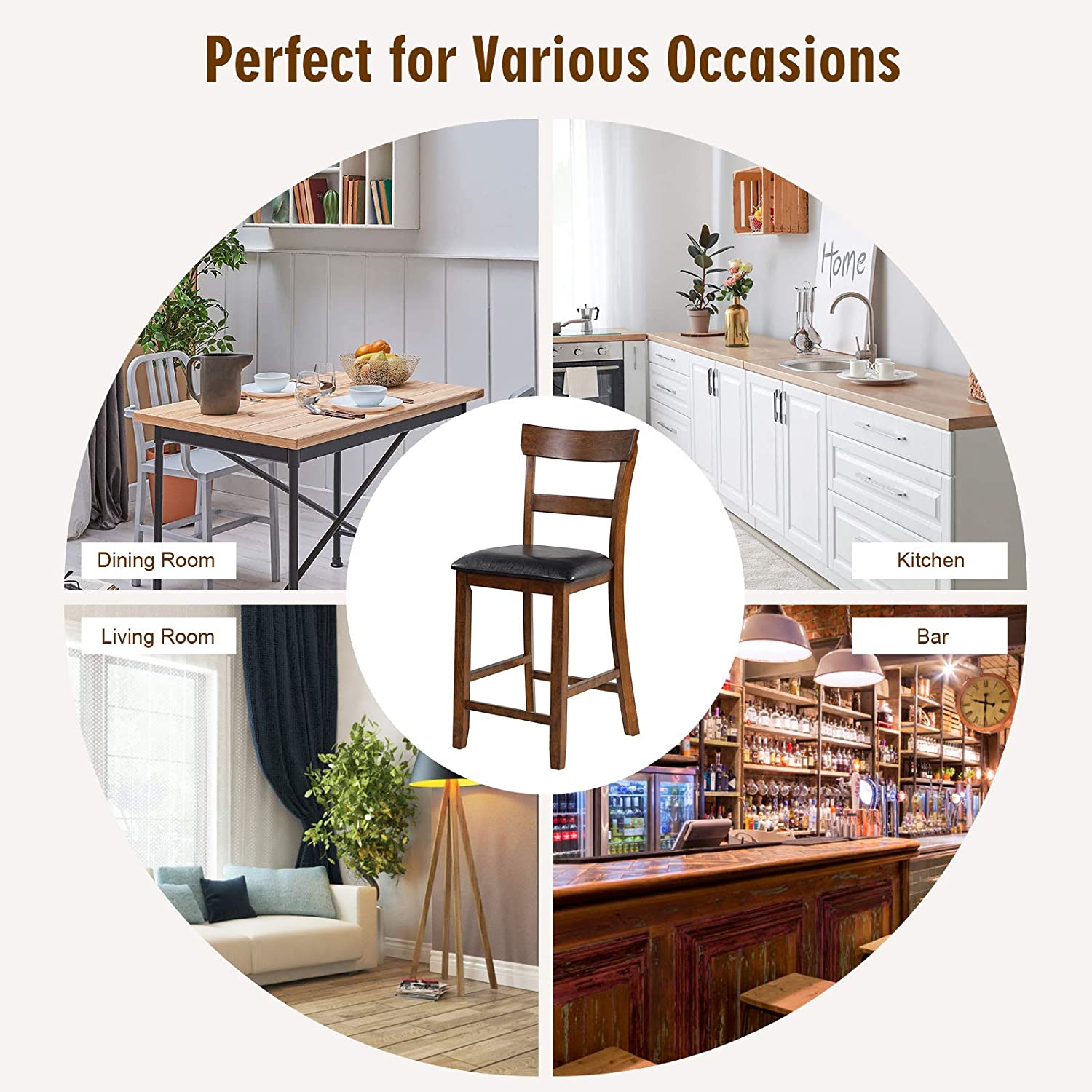 2 Pieces Counter Height Vintage Dining Chair Set 25.5-Inch Bar Stools with Foam-Padded Cushion