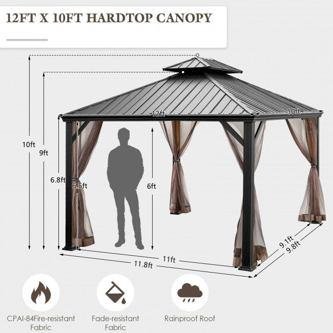 12' x 10' Outdoor Hardtop Gazebo Patio Galvanized Steel Pergolas Canopy Pavilion with Double Roof and Netting