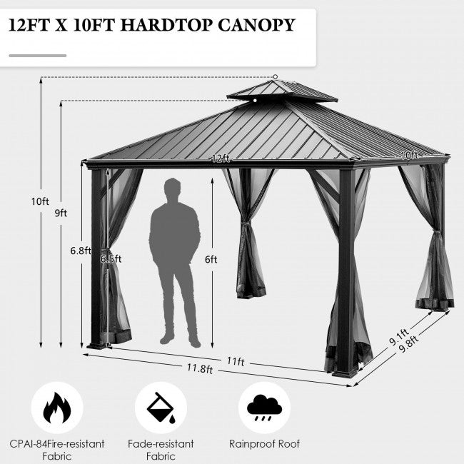 12' x 10' Outdoor Hardtop Gazebo Patio Galvanized Steel Pergolas Canopy Pavilion with Double Roof and Netting