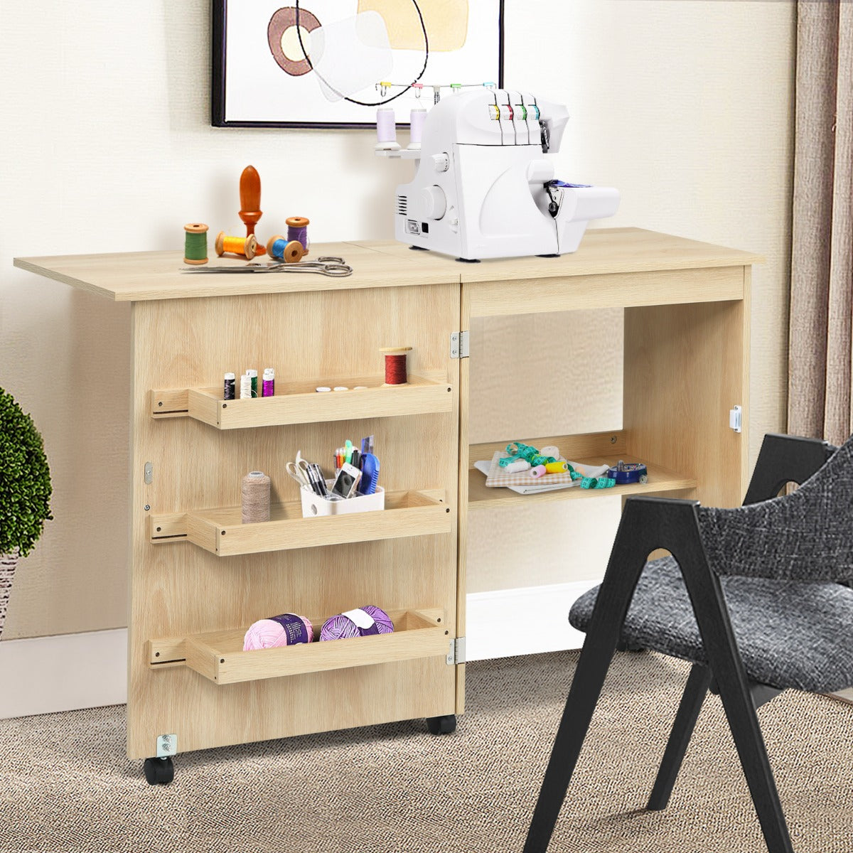 2-In-1 Multifunctional Sewing Machine Cart Table with Lockable Casters
