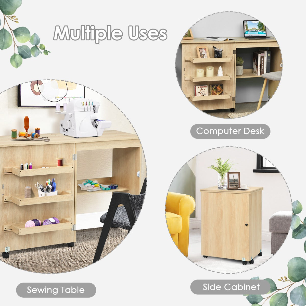 2-In-1 Multifunctional Sewing Machine Cart Table with Lockable Casters