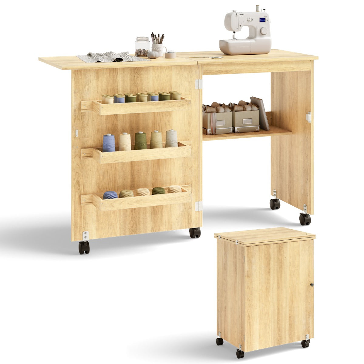 2-In-1 Multifunctional Sewing Machine Cart Table with Lockable Casters