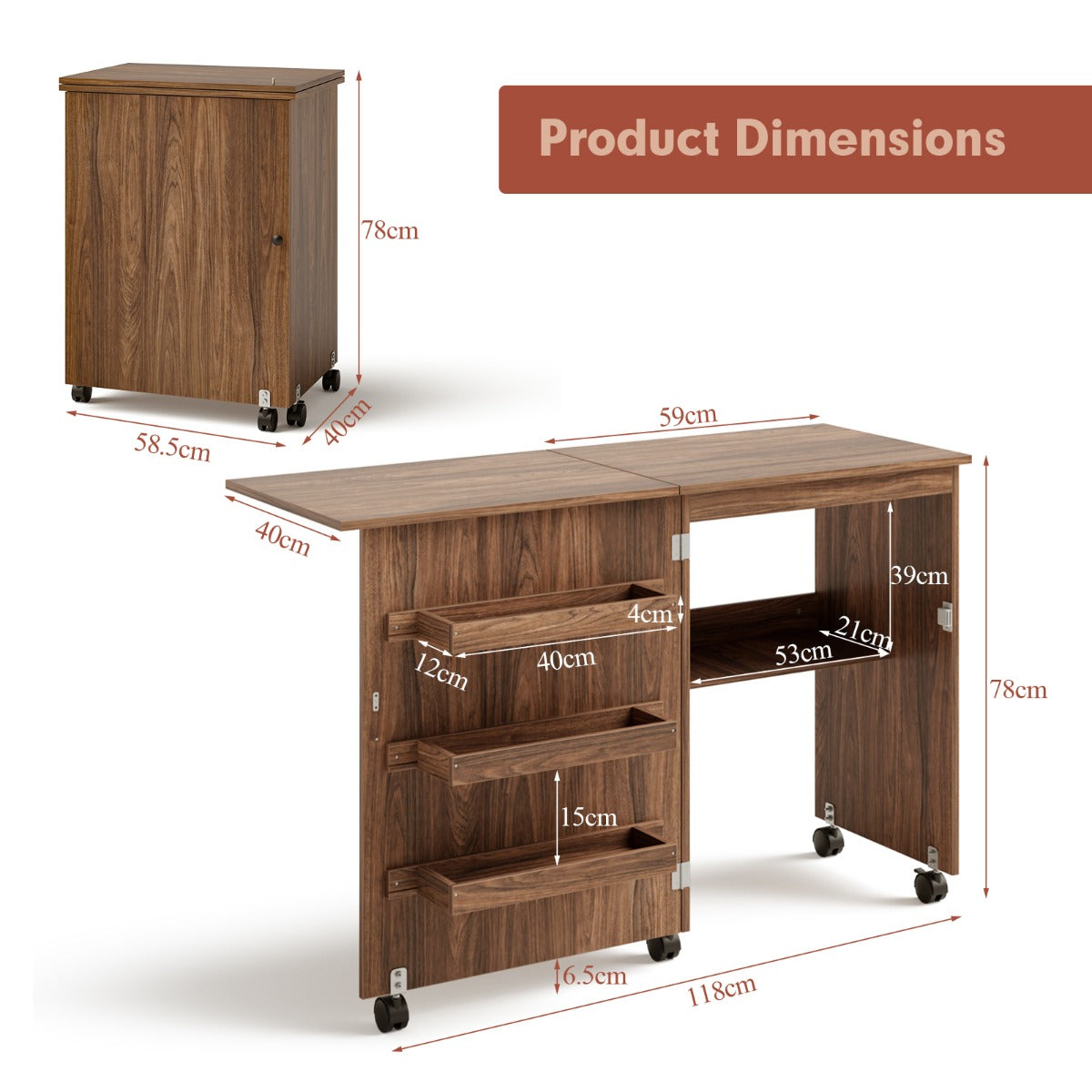2-In-1 Multifunctional Sewing Machine Cart Table with Lockable Casters