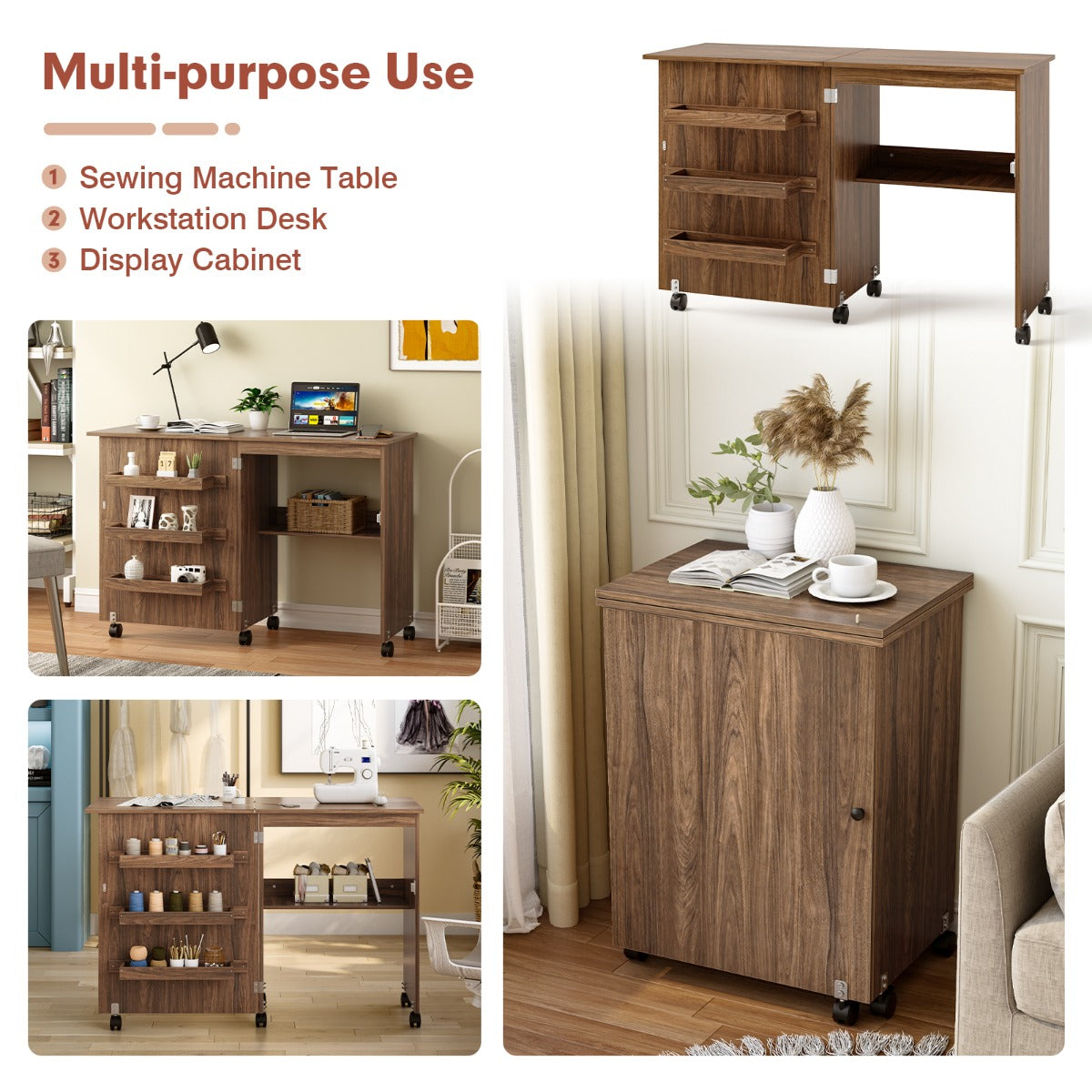 2-In-1 Multifunctional Sewing Machine Cart Table with Lockable Casters
