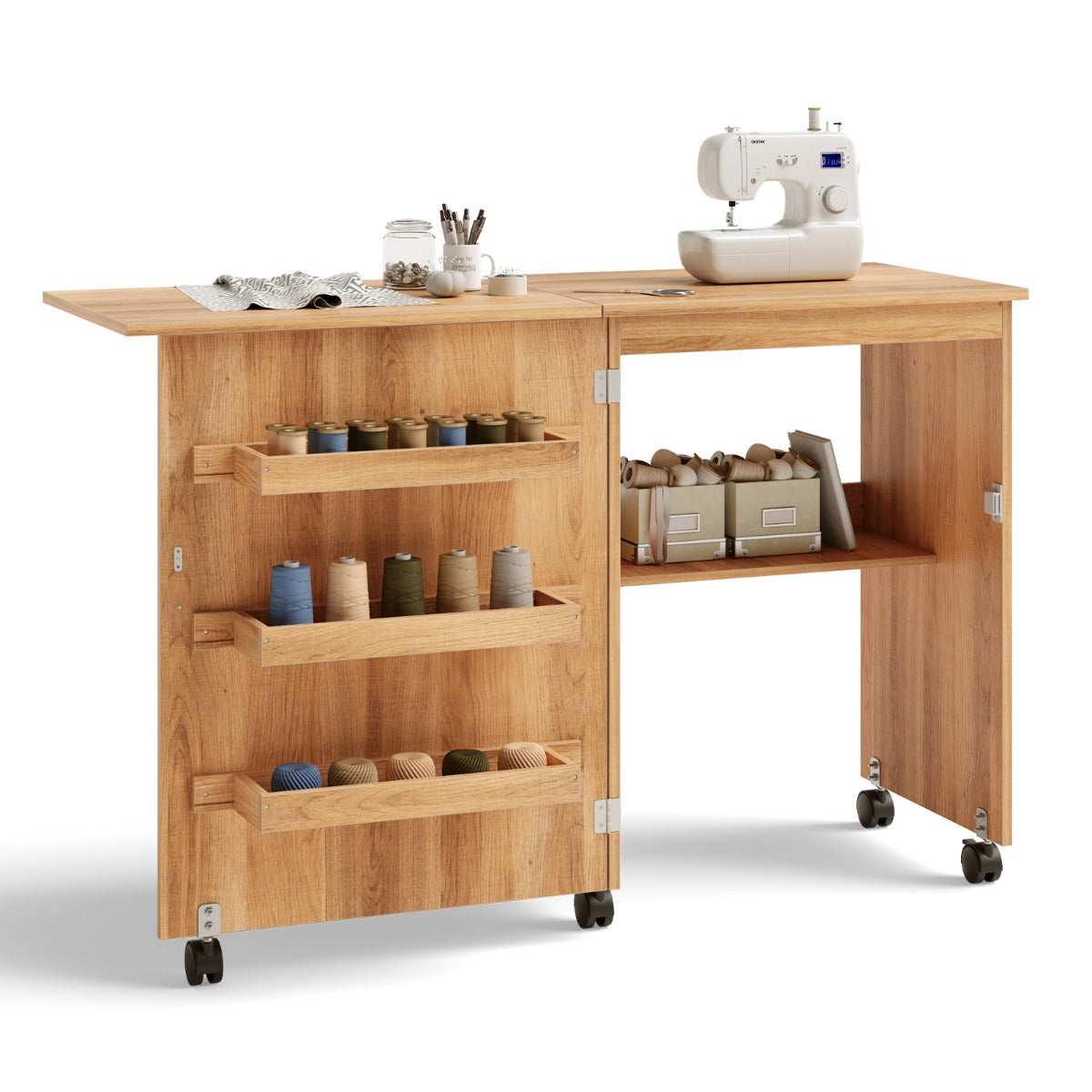 2-In-1 Multifunctional Sewing Machine Cart Table with Lockable Casters