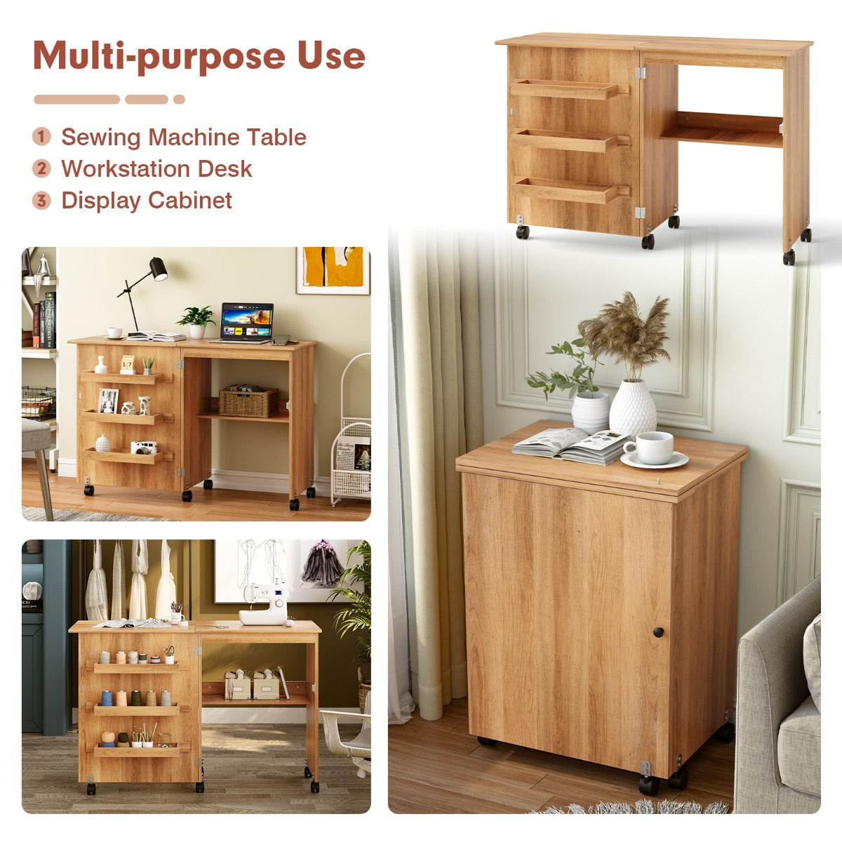 2-In-1 Multifunctional Sewing Machine Cart Table with Lockable Casters