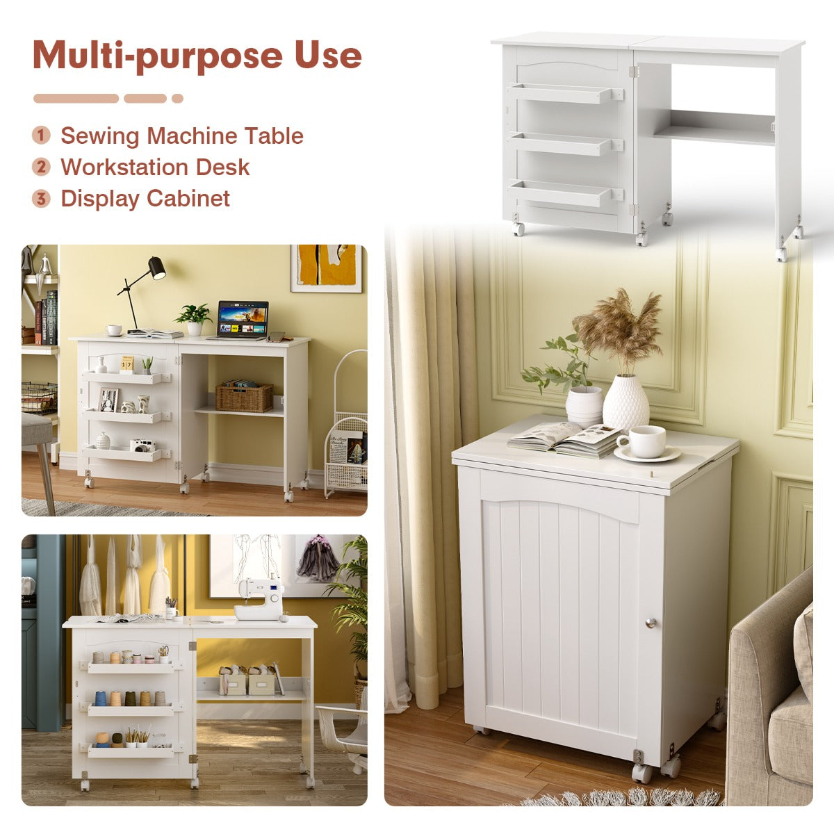 2-In-1 Multifunctional Sewing Machine Cart Table with Lockable Casters