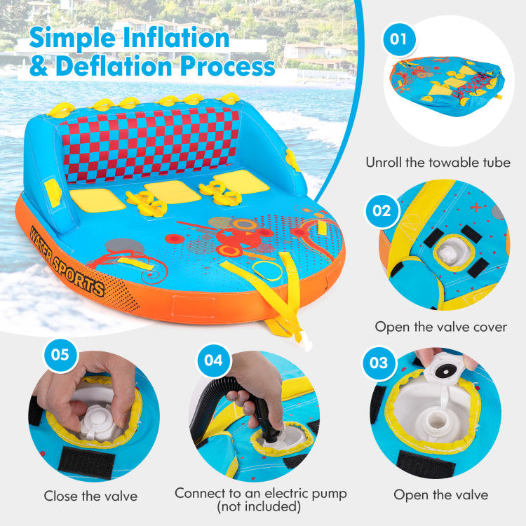 3-Person Towable Tube with Nylon Cover, Inflatable Boat Tube with EVA Seat Pads for Boating and Water Sports