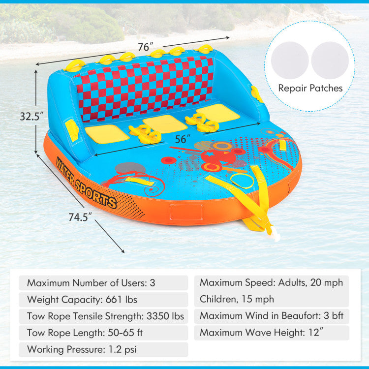 3-Person Towable Tube with Nylon Cover, Inflatable Boat Tube with EVA Seat Pads for Boating and Water Sports