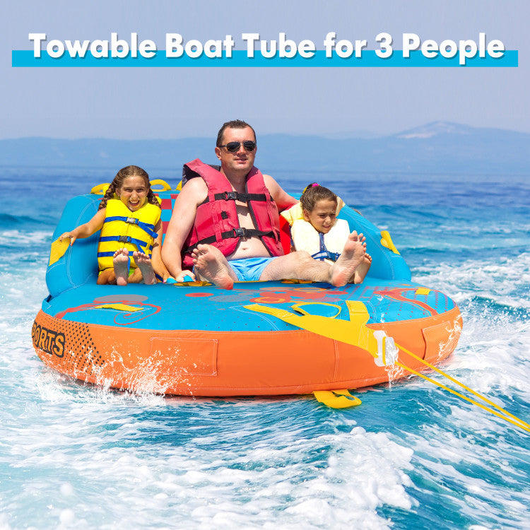 3-Person Towable Tube with Nylon Cover, Inflatable Boat Tube with EVA Seat Pads for Boating and Water Sports