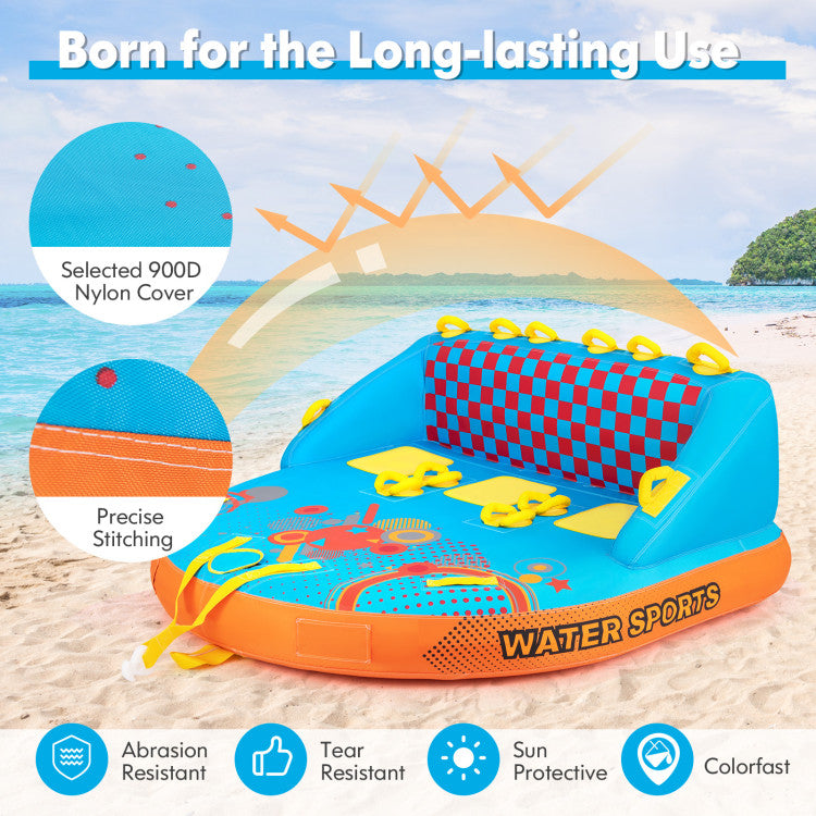 3-Person Towable Tube with Nylon Cover, Inflatable Boat Tube with EVA Seat Pads for Boating and Water Sports