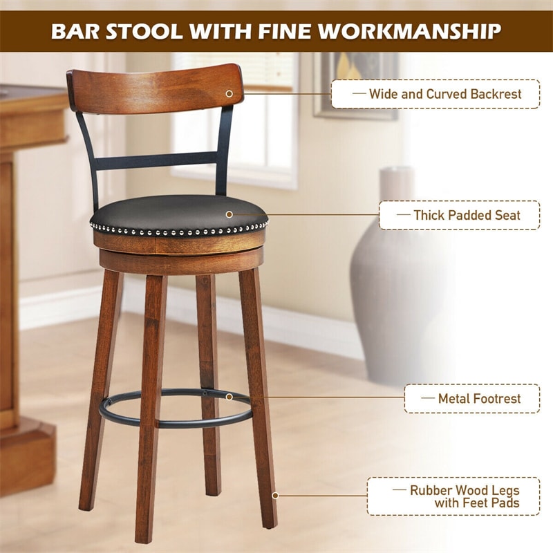 30.5" Bar Stools Set of 2 Swivel Counter Height Dining Chairs with Padded Cushion