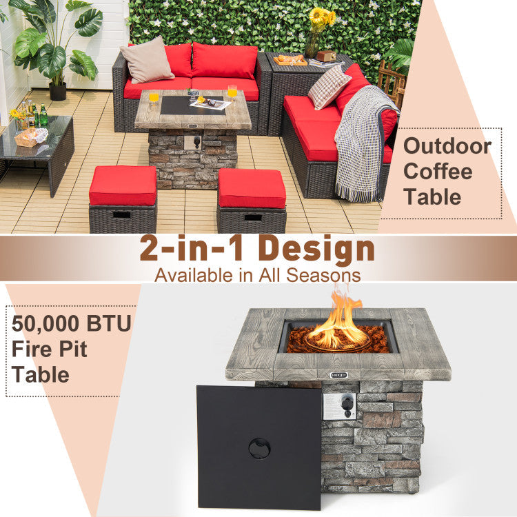 34.5" Propane Gas Fire Pit Table Weatherproof 2-in-1 Outdoor Square Fireplace Stainless Steel Burner with Adjustable Footpads and PVC Cover