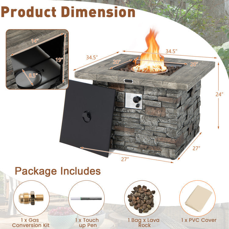 34.5" Propane Gas Fire Pit Table Weatherproof 2-in-1 Outdoor Square Fireplace Stainless Steel Burner with Adjustable Footpads and PVC Cover