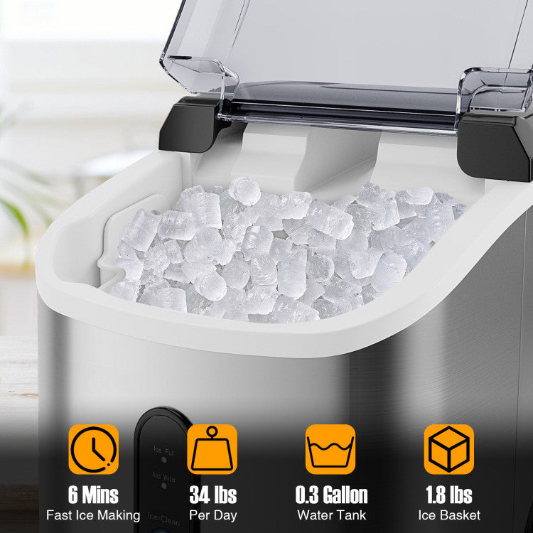 34 lbs/24H Nugget Countertop Ice Maker Portable Stainless Steel Pellet Ice Machine with Self-Cleaning, Ice Basket, Ice Scoop