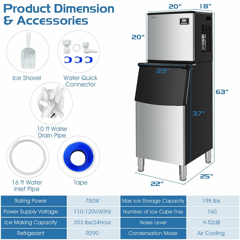 353LBS/24H Split Commercial Ice Maker Machine Full-Automatic Vertical Industrial Modular Ice Maker with 198 LBS Storage Bin