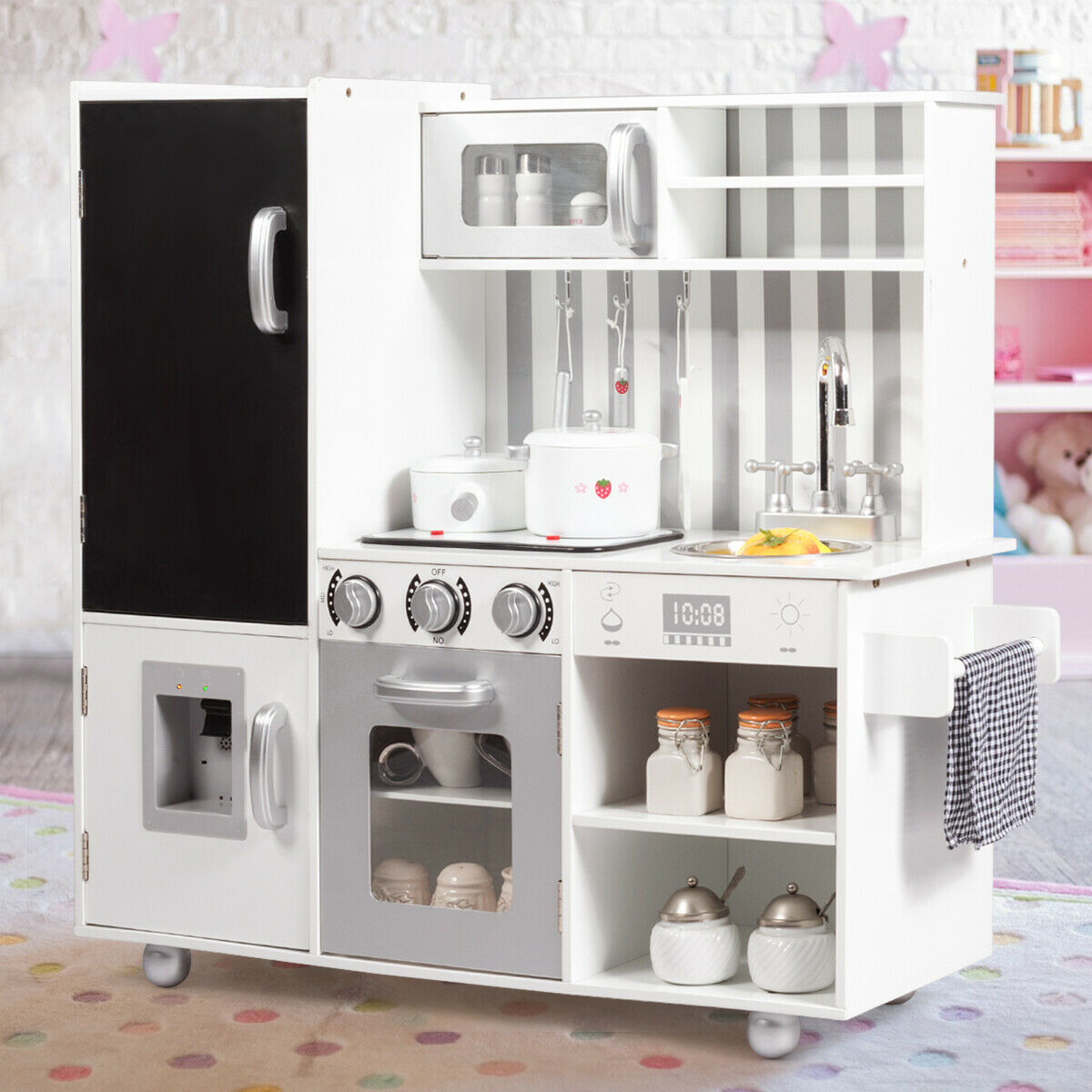 Large Wooden Kids Play Kitchen Set with Simulated Sound