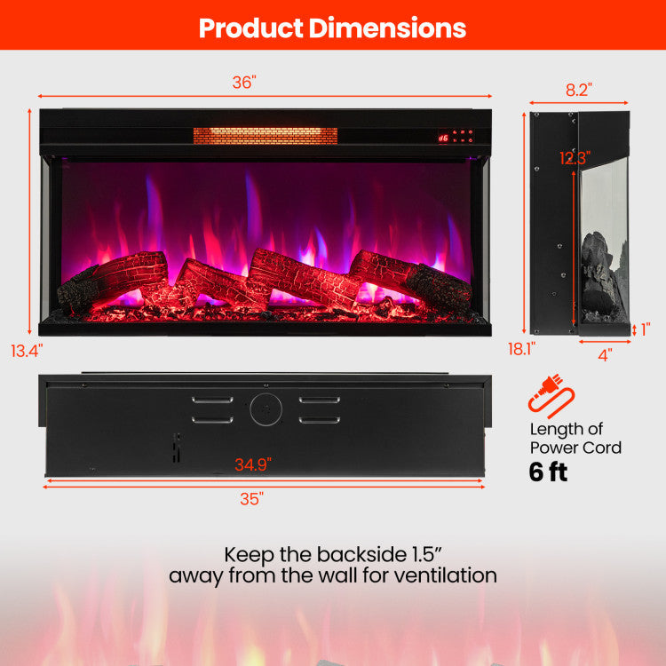 36 Inch 3 Side Glass Electric Fireplace 1500W Fireplace Heater with Remote Control and Overheat Protection