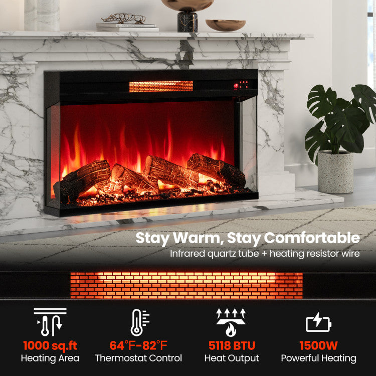 36 Inch 3 Side Glass Electric Fireplace 1500W Fireplace Heater with Remote Control and Overheat Protection