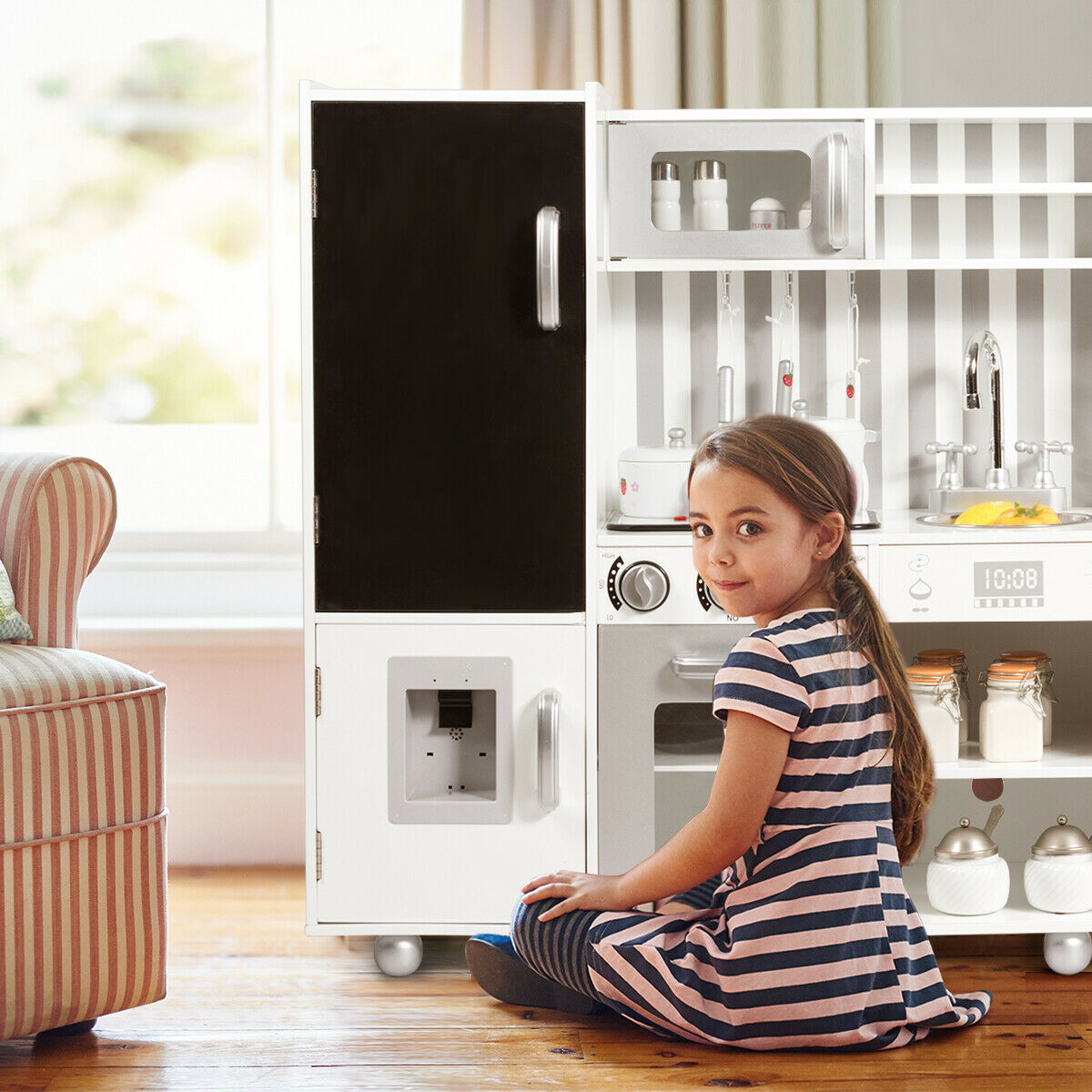 Large Wooden Kids Play Kitchen Set with Simulated Sound