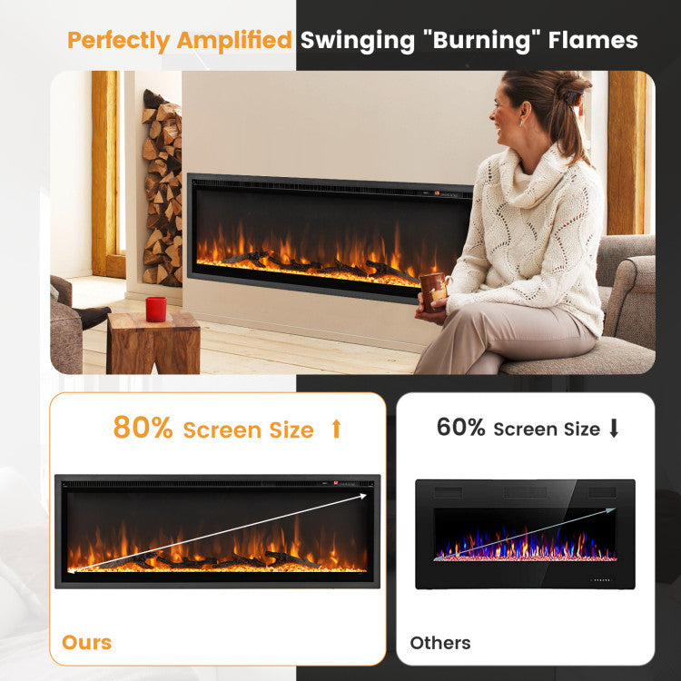 Wall Mounted Electric Fireplace Freestanding Recessed Ultra-Thin Fireplace Heater with Remote Control and Timer