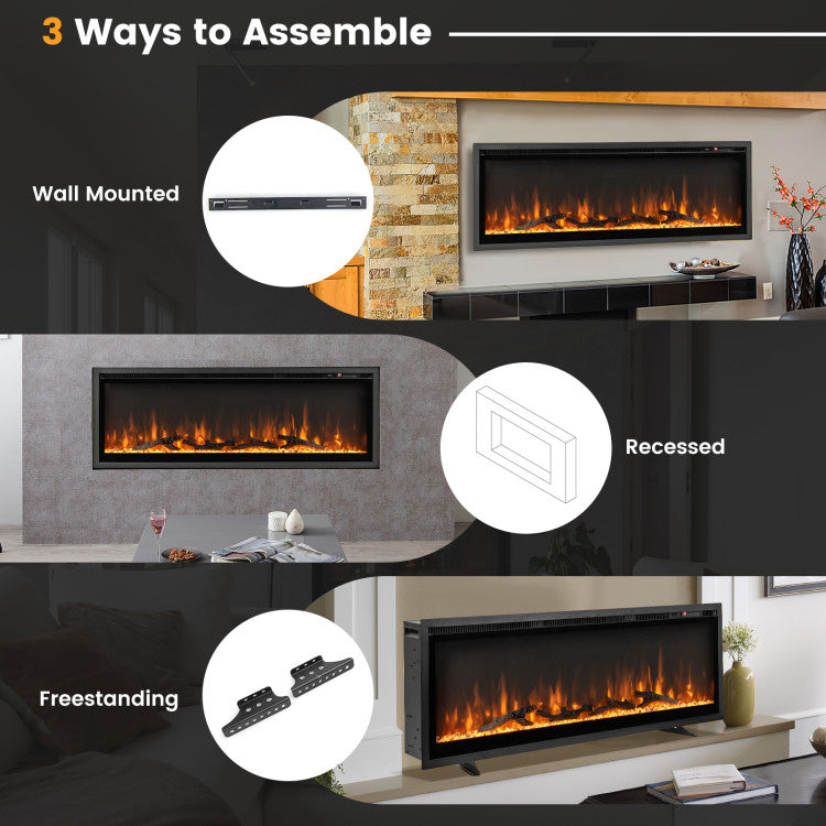 Wall Mounted Electric Fireplace Freestanding Recessed Ultra-Thin Fireplace Heater with Remote Control and Timer