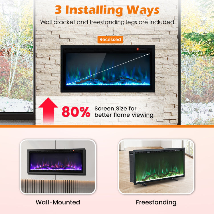 Wall Mounted Electric Fireplace Freestanding Recessed Ultra-Thin Fireplace Heater with Remote Control and Timer