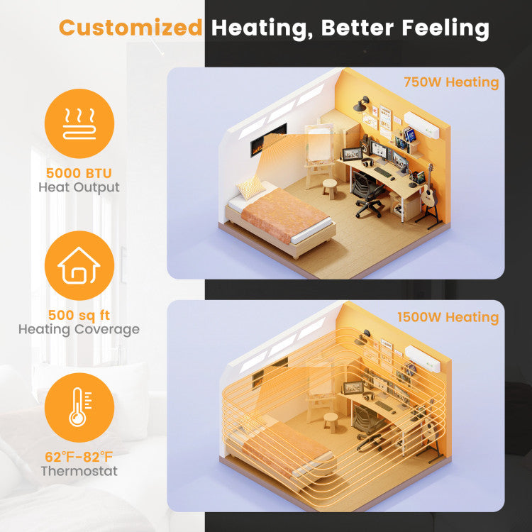Wall Mounted Electric Fireplace Freestanding Recessed Ultra-Thin Fireplace Heater with Remote Control and Timer