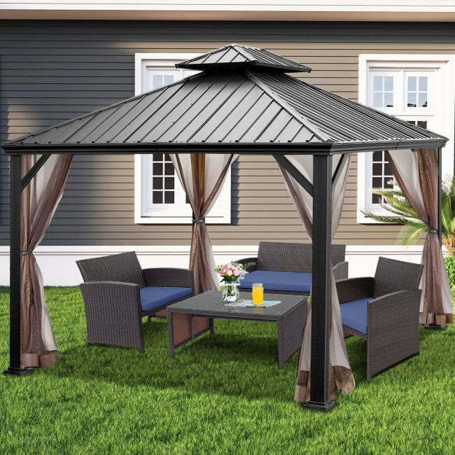 12' x 10' Outdoor Hardtop Gazebo Patio Galvanized Steel Pergolas Canopy Pavilion with Double Roof and Netting
