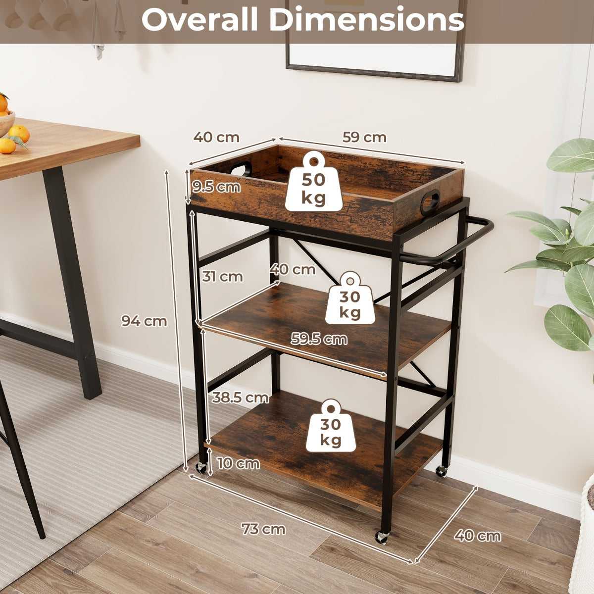 3-Tier Bar Cart Industrial Serving Cart with Detachable Tray