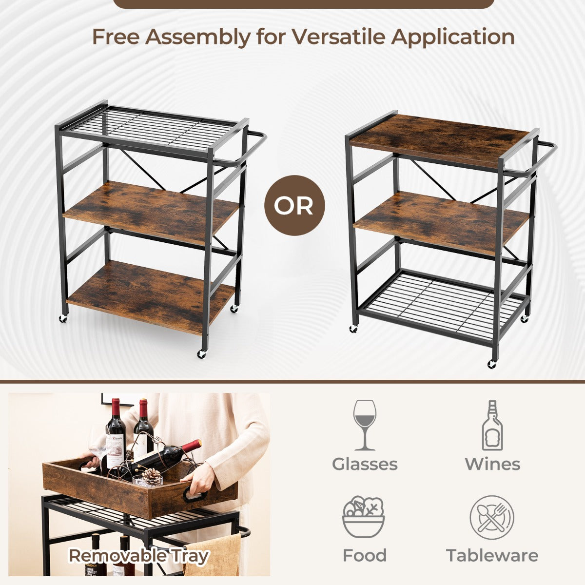 3-Tier Bar Cart Industrial Serving Cart with Detachable Tray