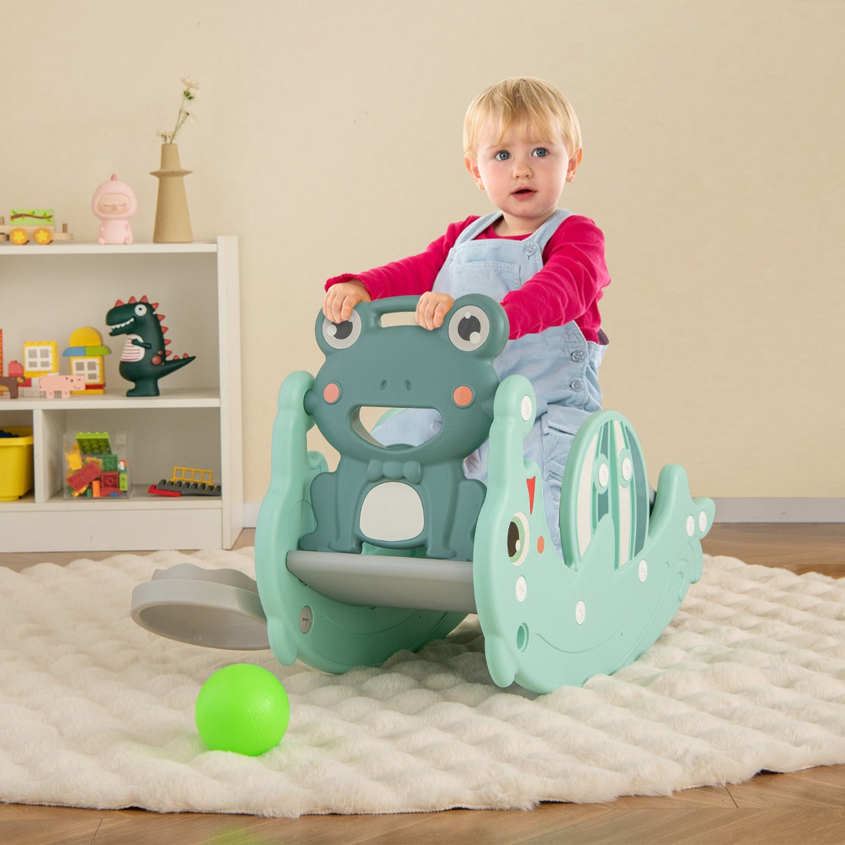 3-in-1 Kids Slide Rocking Horse Set Convertible with Basketball Hoop