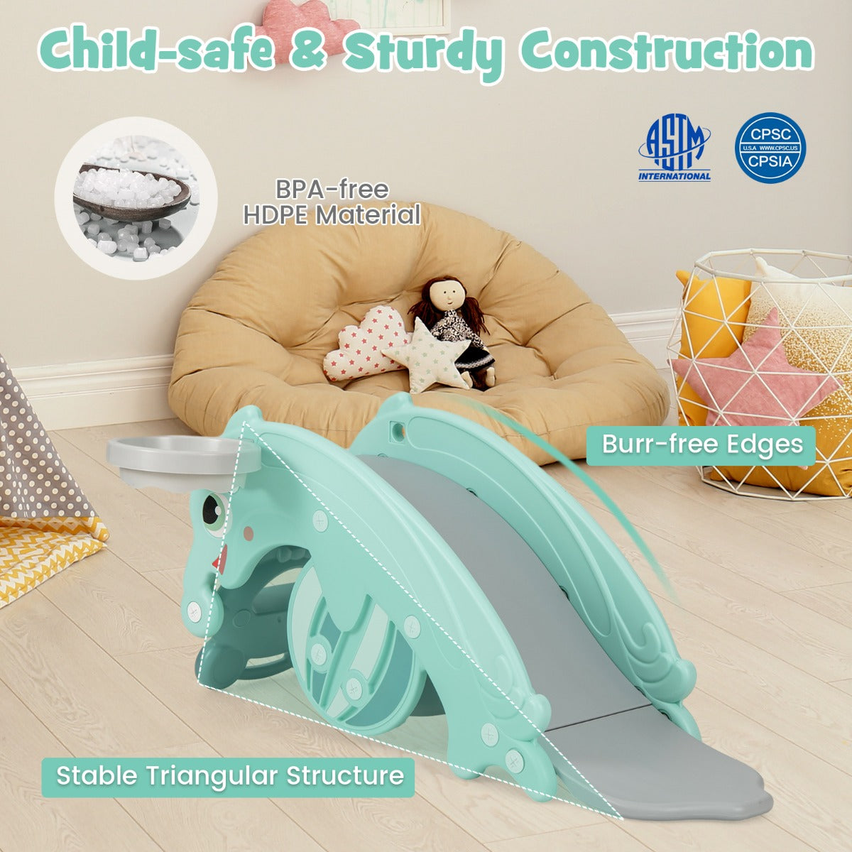 3-in-1 Kids Slide Rocking Horse Set Convertible with Basketball Hoop