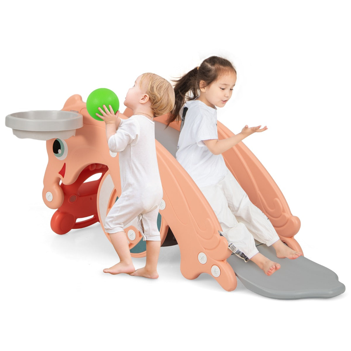 3-in-1 Kids Slide Rocking Horse Set Convertible with Basketball Hoop