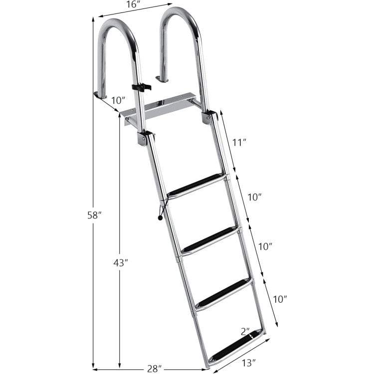 4-Step Stainless Steel Boat Ladder Folding Telescoping Pontoon Rear Ladder with Pedal Handrail for Yacht Boat Dock
