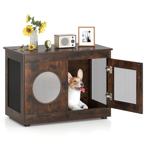 COSTWAY Dog Crate Furniture for Small & Medium Dogs, Heavy-Duty Chew-Resistant Metal Mesh Dog Cage