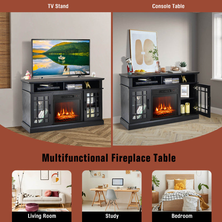 48 Inch Wooden TV Stand Console Table with 1400W Electric Fireplace and Open Storage